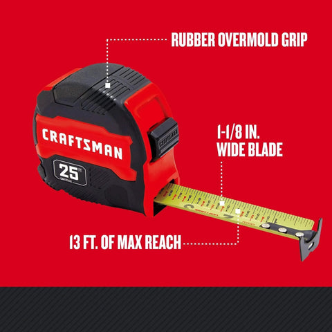 25-Ft Tape Measure with Fraction Marketing, Retractable, Manual-Locking Blade (CMHT37443S) with rubber grip and 1-1/8 in. blade