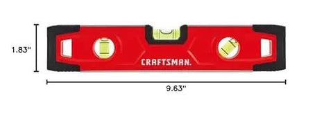 Front view of Craftsman 9-Inch Magnetic Torpedo Level (CMHT43191) with red body, 3 vials, and visible brand logo.