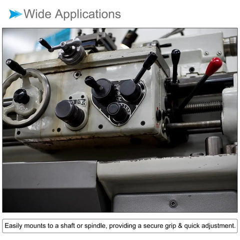 Close-up of industrial lathe with installed Revolving Crank Clamping Handle With M8 Thread, 116mm Overall Length, Black Chrome Plated