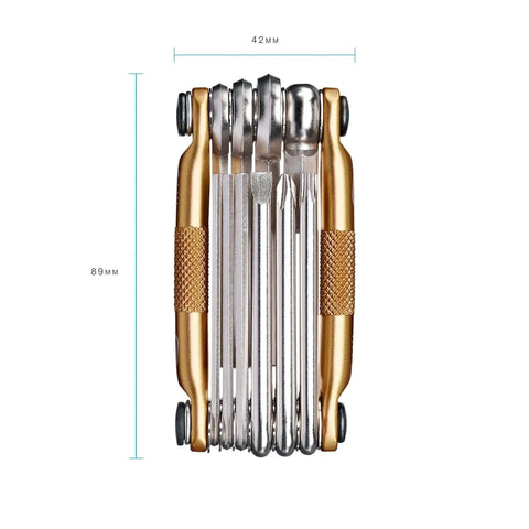 Crankbrothers Multi Tool M10 Gold Compact Trailside Essential with Hex Wrenches and Screwdrivers, 89mm x 42mm dimensions