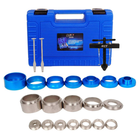Crank Bearing Camshaft Seal Installer and Remover Set with blue case and metal components for engine repair