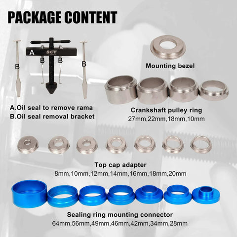Crank Bearing Camshaft Seal Installer and Remover Set package with crankshaft pulley rings, oil seal remover, and mounting bezels.
