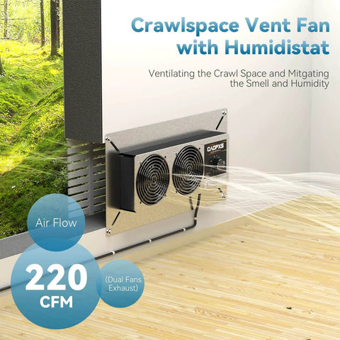 Crawl Space Ventilation Fan With Humidistat Dehumidistat And Freeze Protection Thermostat 220 CFM Air installed on a wall.