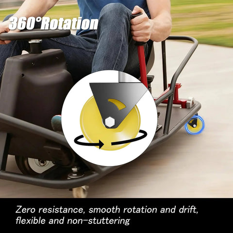 Upgrade Complete Caster Wheels Assembly Fit for Razor Crazy Cart XL DLX in motion, showing 360° rotation capability on pavement.