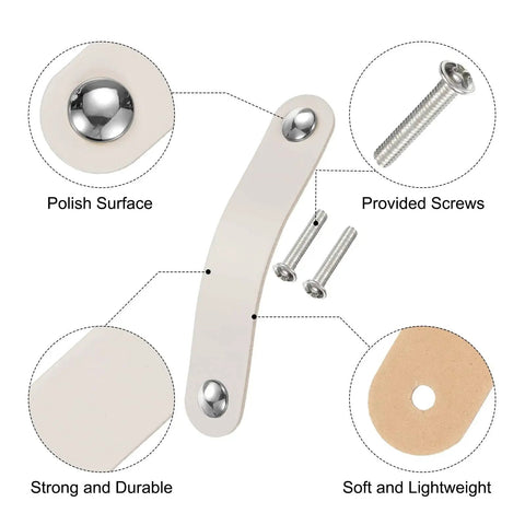 Four Pack Leather Drawer Pulls With Screws For Dressers And Cabinets Double Hole Design 96mm Hole Spacing, components view.