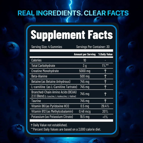 Supplement facts of Creatine Gummies 8500mg Complex Pre Workout Chews Muscle Growth Energy Sugar Free Vegan Blueberry Flavor 120 Count