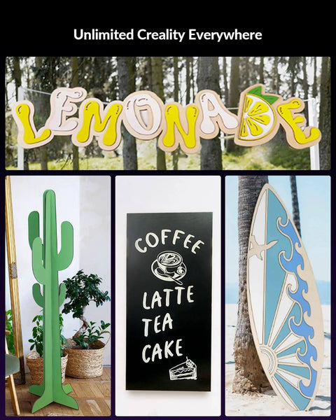 Colorful laser cut signs including 'LEMONADE', cactus stand, coffee sign, and surfboard with ocean design for creative display.