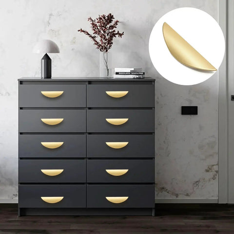 Cabinet with Brushed Gold Crescent Cabinet Pulls Two And A Half Inch Hole Centers Semi Circle Moon Drawer Pulls installed.