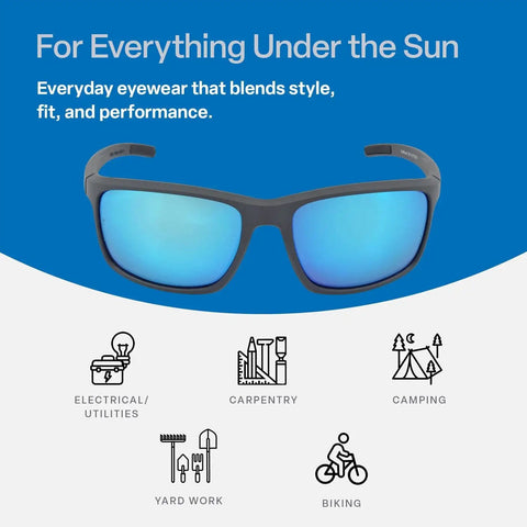 Crevalle Anti Fog Safety Glasses With UV Protection And Blue Mirror Lens displayed with icons for various outdoor activities.