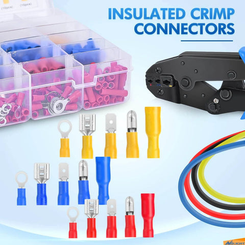 Mixed Quick Disconnect Connectors And Terminal Crimp Kit For Automotive Wiring Projects Includes Ring Splice Spade Bullet Fork Butt Piggy Back Insulated Terminals 840 Piece Assortment shown with organizer and crimping tool