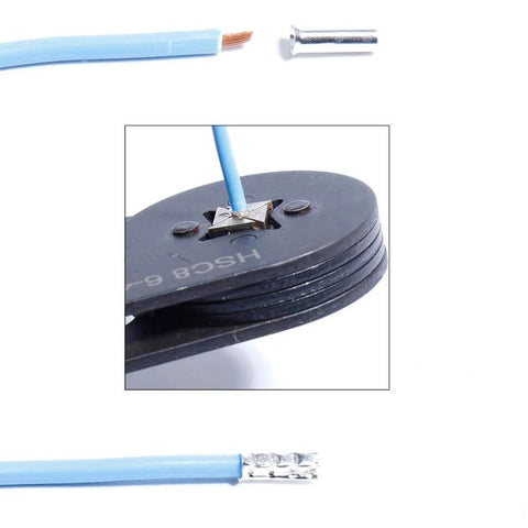 Close-up of All In One Wire Ferrules Kit With 1100 Pcs Tinned Copper Crimp Connectors and crimping tool in use on cable