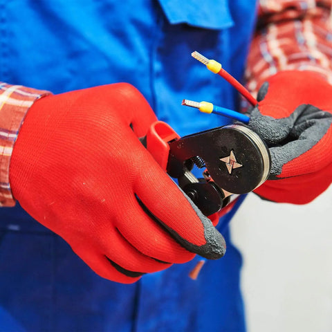 Hands holding wire crimping tool with wires, demonstrating use of 100 Pcs Non Insulated Butt Connectors 22 To 18 AWG Wire Connectors BN0.75