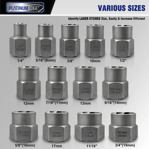 13-piece Impact Bolt And Nut Remover Set, CR-MO steel extractors in various sizes, labelled for easy identification.