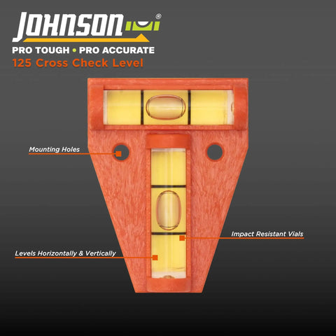Cross Check Level For Quick Horizontal And Vertical Readings Ultra Compact And Lightweight Dual Direction Level With High Impact Orange Body Built Tough For Real Job Sites Accurate Readings Every Time Johnson Level And Tool, showing orange body and mounting holes.