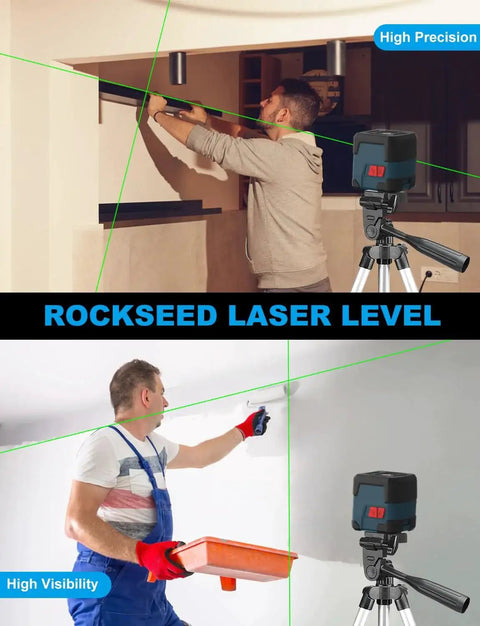 360 Degree Cross Line Laser With Self Leveling Delivers Bright Horizontal And Vertical Lines For Precise Tile Setting Cabinet Installation And Framing With 110 Degree Projection For Quick Easy Alignment And Reliable Battery Powered Operation shown on a tripod with green laser lines and a person installing cabinets and doing wall framing.