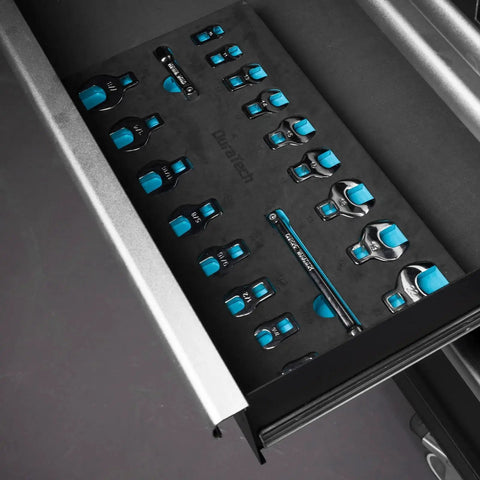 Three Eighths Inch Drive Crowfoot Wrench Set With Two Extension Bars SAE And Metric Nineteen-Piece CR-V Steel in drawer