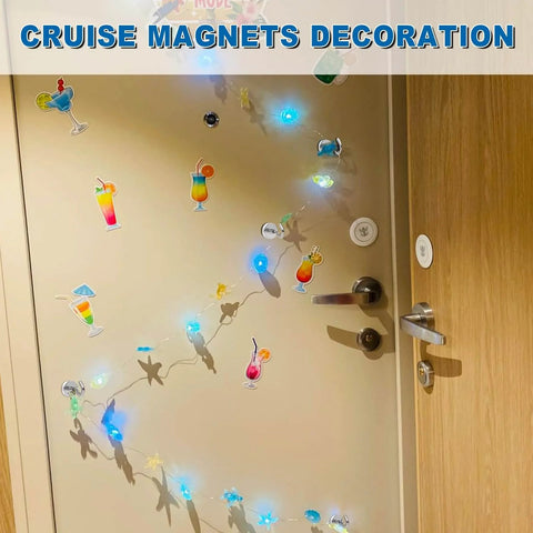 Door decorated with cruise-themed magnets and colorful lights, featuring cocktails and star shapes, labeled 'Cruise Magnets Decoration'.