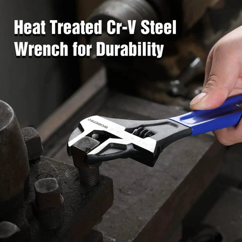 Using the Two Piece Adjustable Wrench Set With 6 Inch And 10 Inch Wide Jaw Sizes, Black Oxide CrV Steel, Metric And SAE Scales.