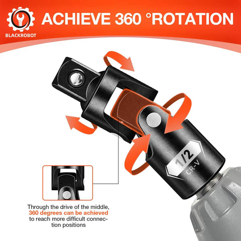 Universal Joint Socket Adapter Set Three Piece One Half Inch Three Eighth Inch One Quarter Inch Drives For Tight Access Swivel CRV Steel Mechanic Tools Ratchet And Torque Wrench Compatible Reach Fasteners At Any Angle showing 1/2 inch adapter detail