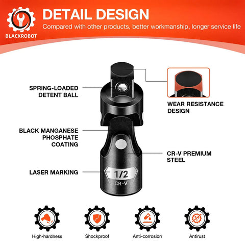 Universal Joint Socket Adapter Set Three Piece One Half Inch Three Eighth Inch One Quarter Inch Drives For Tight Access Swivel CRV Steel Mechanic Tools Ratchet And Torque Wrench Compatible Reach Fasteners At Any Angle detail design features.
