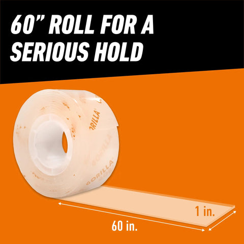 Crystal Clear Double Sided Mounting Tape Weatherproof 1 Inch By 60 Inch Holds Up To 15 Lbs For Window Hanging And Indoor Outdoor Use Permanently Clear Adhesive That Never Yellow Over Time, shown in roll form, 60 inches long, 1 inch wide
