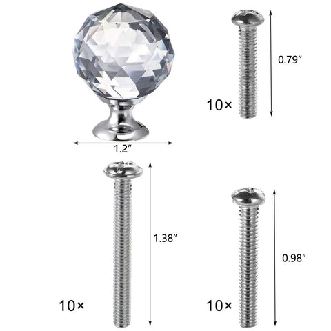Crystal Glass Cabinet Knobs 30mm Ball Shape Pulls Set of 20 With Screws, shown with screw sizes for cabinets, drawers, and dressers.