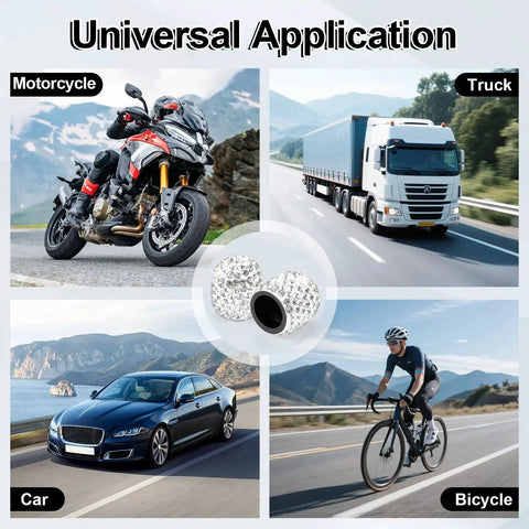 4 Pack Handmade Crystal Rhinestone Tire Valve Stem Caps For Cars, Trucks And Motorcycles; universal application for vehicles