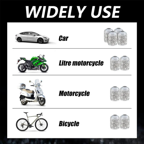 4 Pack Bling Crystal Tire Valve Caps With Rhinestones Waterproof Dustproof Valve Stem Caps For Cars Trucks SUVs And Motorcycles Universal Fit White Made From ABS Plastic And Copper Alloy With Polymer Clay Coating For Durable Sparkle, shown compatible with car, motorcycle, and bicycle.