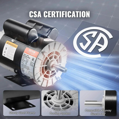 CSA certified 5HP SPL Air Compressor Electric Motor, 230V 17.6Amps, 56 Frame 3450RPM, 5/8" Keyed Shaft displayed with features.