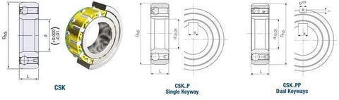 Diagram showing High Speed CSK25 One Way Bearing Clutches 25X52X15mm Without Keyway, detailed views of CSK, CSK_P, CSK_PP models.