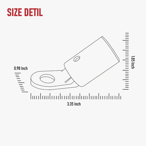 Size diagram of Two Pack CT40 FA Welding Terminal Connectors for LC40 Welders, 17/32 inch stud hole, 45° angle, brass machined.
