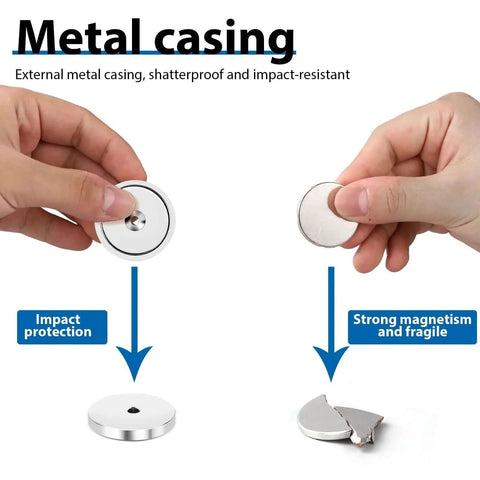 Comparison of 150 Lb Cup Magnets With Holes For Wall Mounting waterproof neodymium with metal casing and broken magnet pieces.