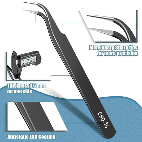 Close-up of Six Piece Precision Tweezers Set With Anti Static Stainless Steel Construction for electronics repair.