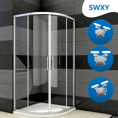 8 Piece Shower Door Roller Set with 23mm Aluminum Alloy Rollers shown on curved glass shower doors, featuring anti-collision blocks.