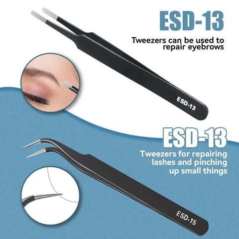 ESD-13 tweezers from Six Piece Precision Tweezers Set With Anti Static Stainless Steel Construction for detailed work.