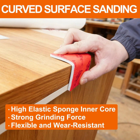 Hand using 28 Pcs Grit Sanding Sponges Set Wet Dry Foam Hand Sander on wood edge for curved surface sanding