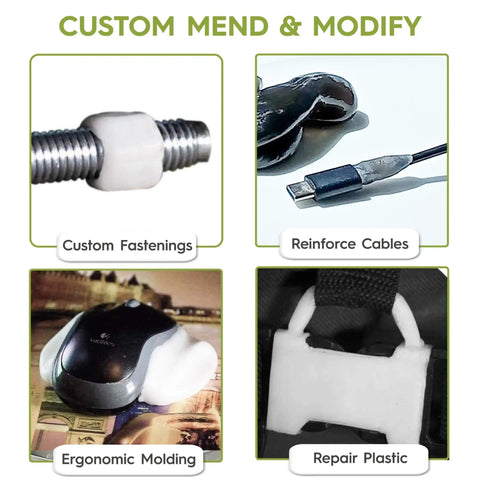 Custom mending using moldable plastic pellets for cosplay and hobbyist crafting and repairs, showing fastening and cable reinforcement.