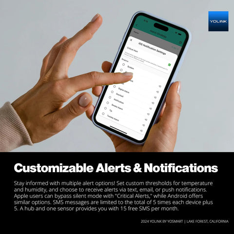 YoLink app on iPhone displaying alert settings screen with iOS notifications; YoLink logo in the upper right.