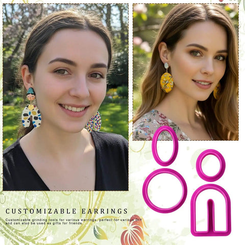 Women wearing earrings made with Must Have 31 Piece Polymer Clay Cutters Kit With 8 Round Cutters 18 Rectangular Earring Molds