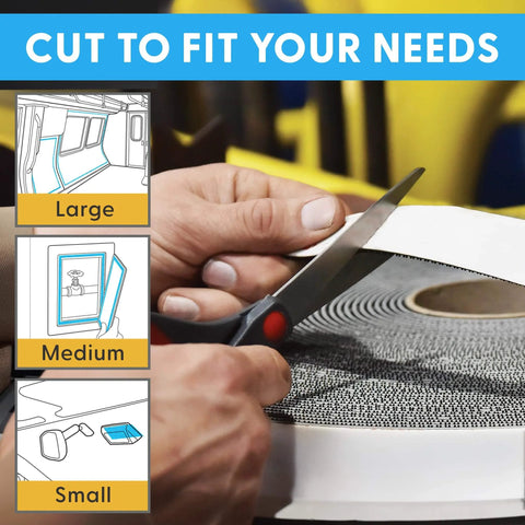 Person cutting Clear 10Ft Indoor Outdoor Adhesive Mounting Tape With Self Mating Reclosable Fasteners No Drilling Required Cut To Size