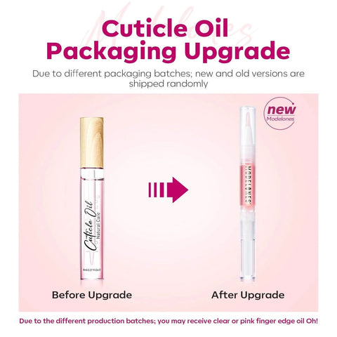 Modelones cuticle oil packaging upgrade showing new and old versions in the Cuticle Remover Kit With Cream And Oil Pusher Trimmer Nipper 7 Piece DIY Manicure Set For At Home Prep.