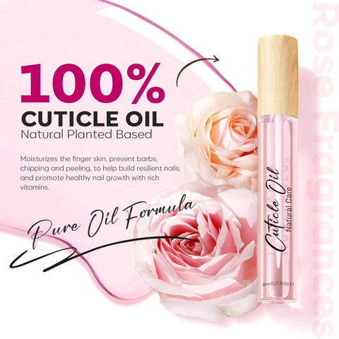Rose scented cuticle oil bottle with flowers, highlighting 100% natural ingredients and benefits for nail health and skin care.