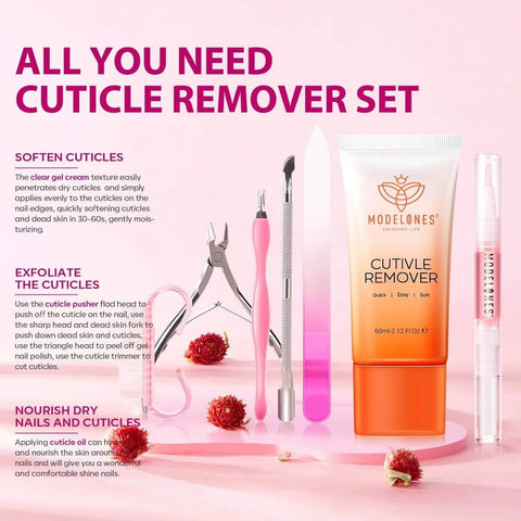 Cuticle Remover Kit With Cream And Oil Pusher Trimmer Nipper 7 Piece DIY Manicure Set For At Home Prep image featuring all items.