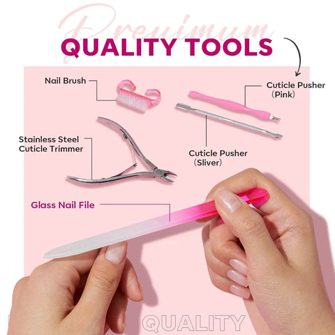 Cuticle Remover Kit With Cream And Oil Pusher Trimmer Nipper 7 Piece DIY Manicure Set showing nail brush, pusher, and trimmer.