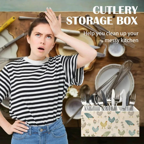 Perplexed woman beside a Farmhouse Chicken Wooden Utensils Holder on a cluttered kitchen countertop.
