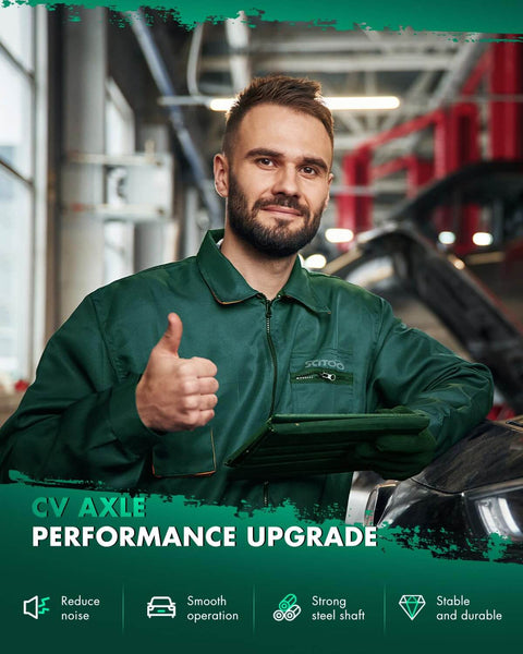 Mechanic giving thumbs up next to car, highlighting CV axle performance upgrade benefits like noise reduction and durability.