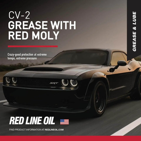 Red Line High Performance CV-2 Synthetic Grease Cartridge With Red Moly, 14 Ounce Jar, heavy duty vehicle on a road at sunset