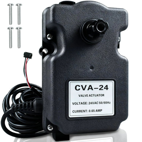 CVA-24T valve actuator in black plastic housing with 24V AC, 3-wire wiring and mounting screws