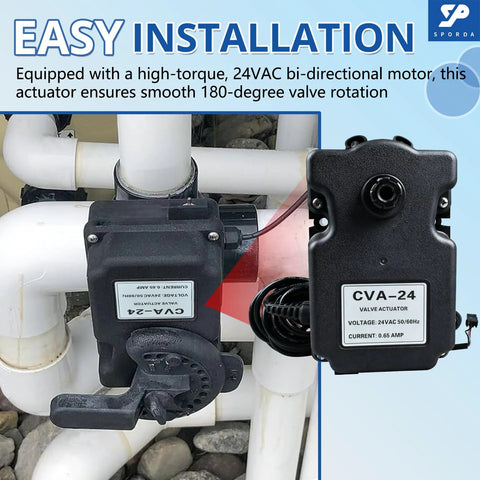 Two SPORDA CVA-24T valve actuators for 24VAC irrigation on PVC piping, black housings