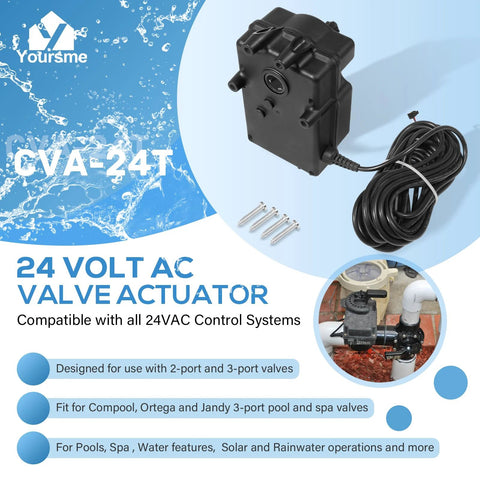 CVA 24T Valve Actuator For 24VAC Control Systems Fits 2 Port And 3 Port Pool And Spa Valves Replacement For Pentair 263045 24 Volt AC 180 Degree Rotation With 25 Foot Cable Durable Easy Install For Indoor Outdoor Pools front view with cable and mounting screws